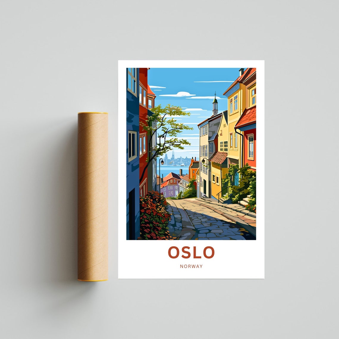 Oslo Norway Custom Text Cobblestone Lane Harbor View Travel Poster - Image 4