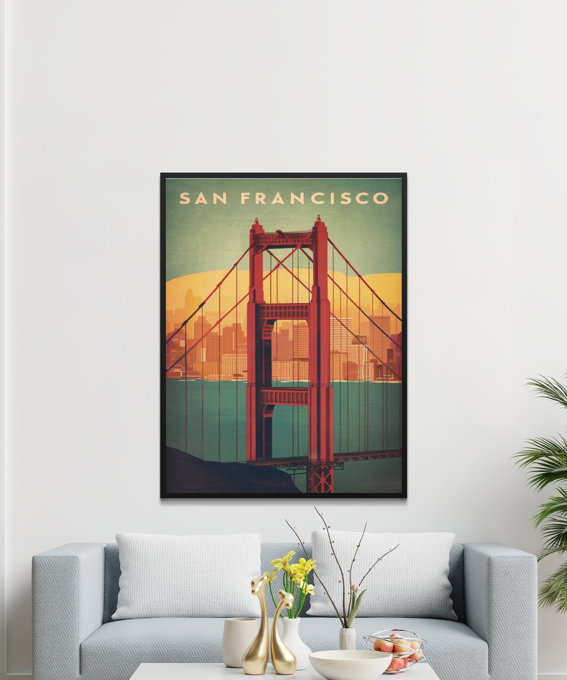 San Francisco Golden Gate Bridge Vintage Poster with City Skyline View