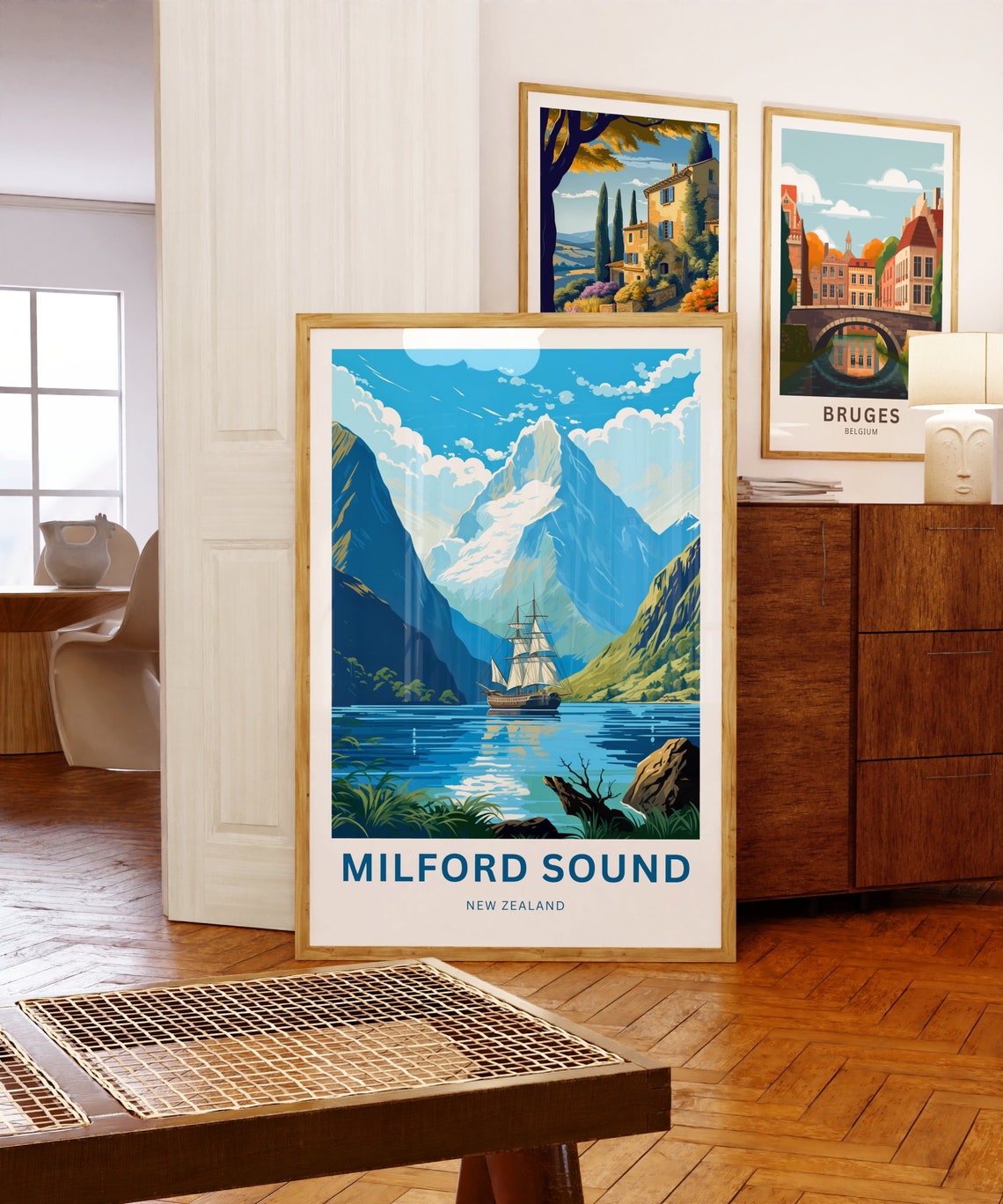 Milford Sound New Zealand Tall Ship Blue Snowy Summit Travel Poster - Image 5