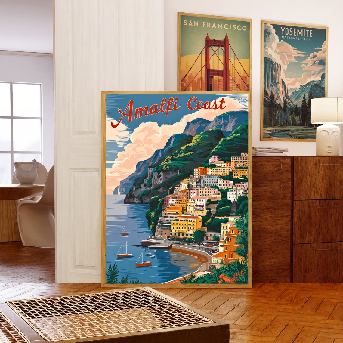 Amalfi Coast Italy Hillside Town Sailboats Vintage Travel Poster - Image 5