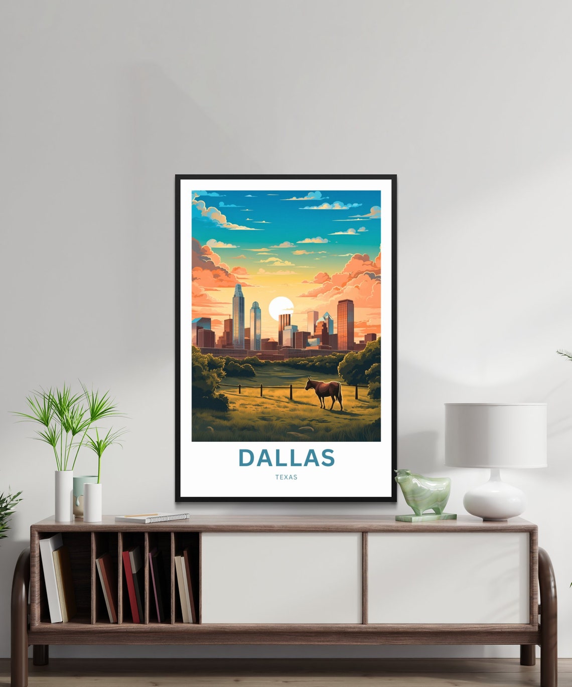 Dallas Texas Skyline Horse Prairie Sunset Scene Travel Poster - Image 2