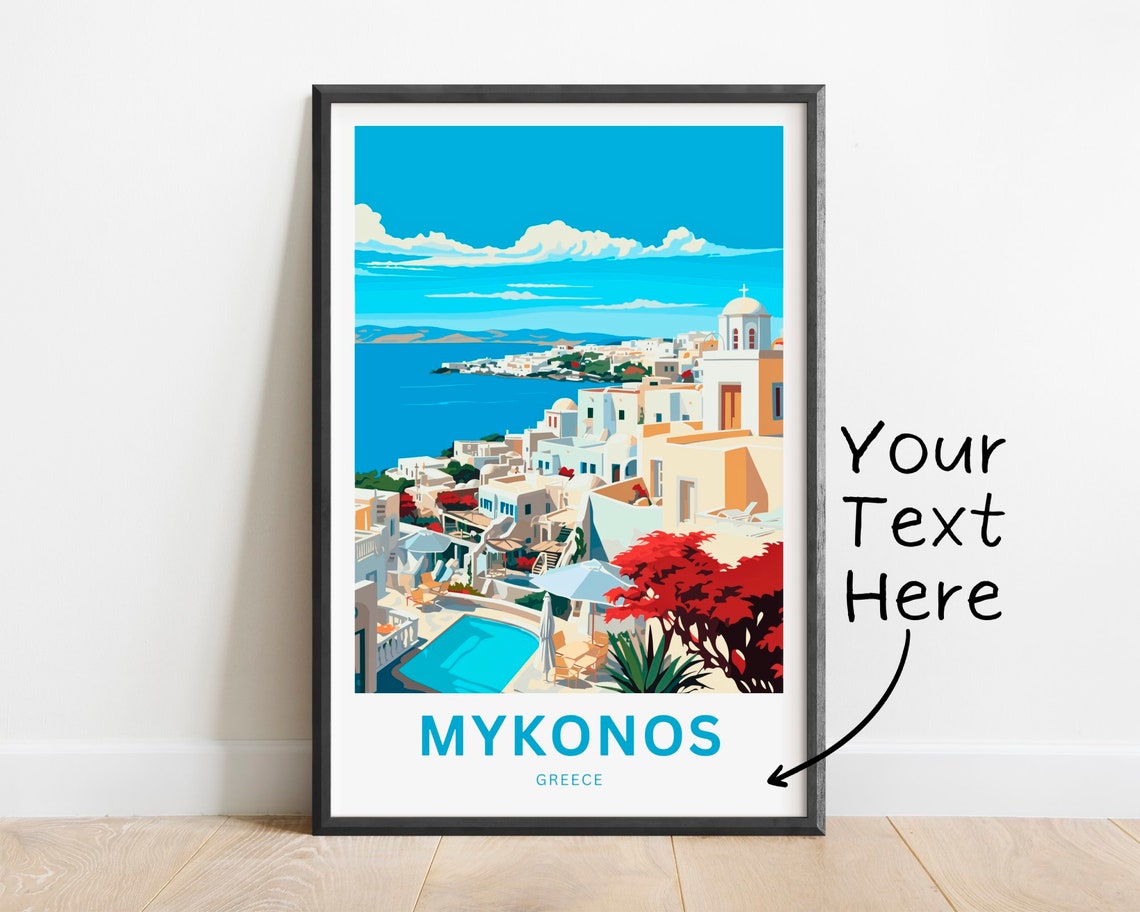 Mykonos Greece White Village Church Garden Pool Custom Art Poster