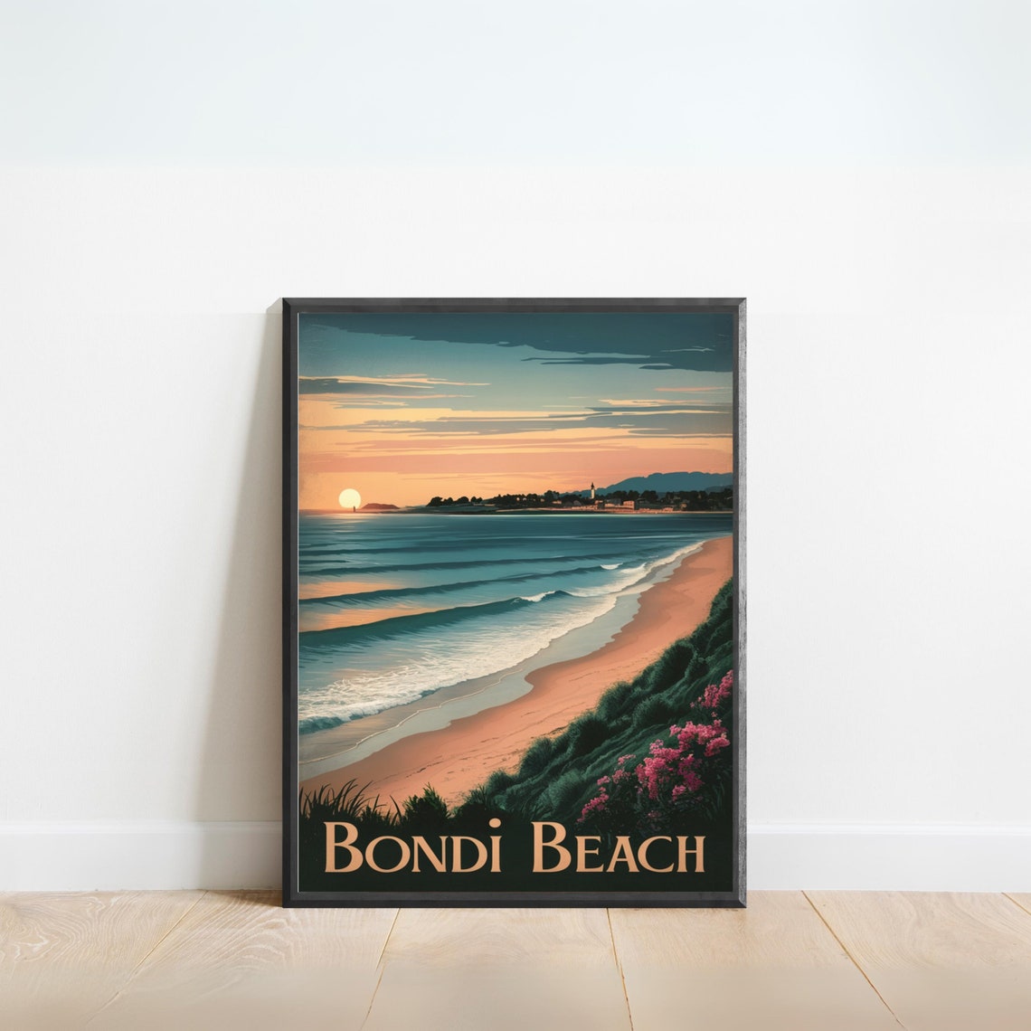 Bondi Beach Sydney Sunset Waves Curved Golden Sand Vintage Poster
