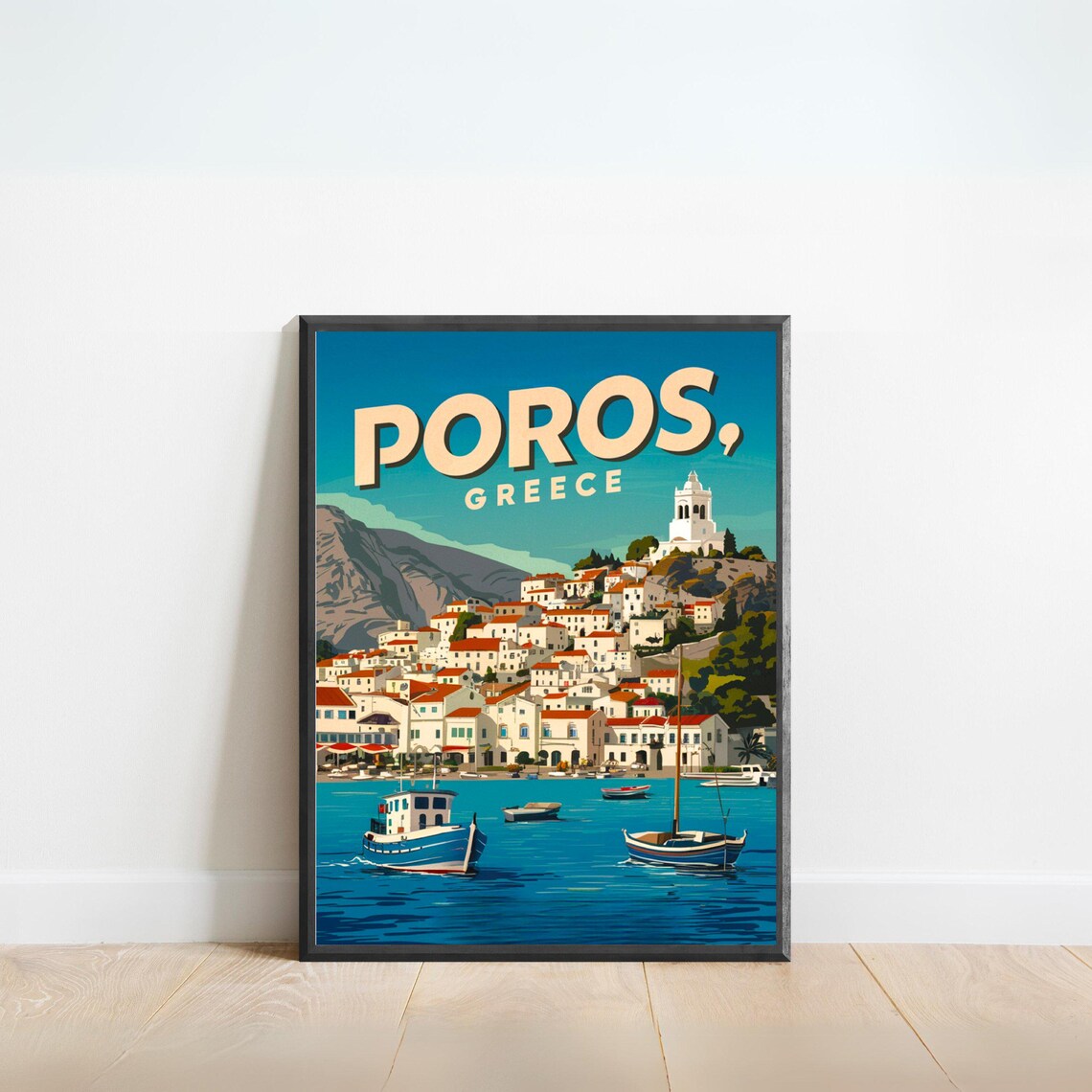 Poros Greece Vintage Blue Harbor Town Clock Tower Travel Poster