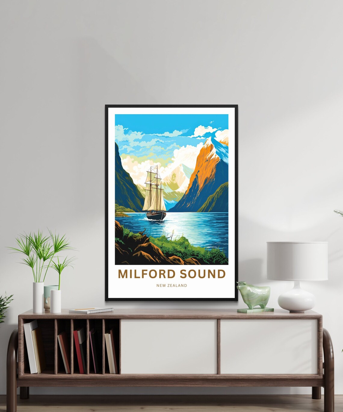 Milford Sound New Zealand Classic Tall Ship Fjord Scene Travel Poster - Image 2