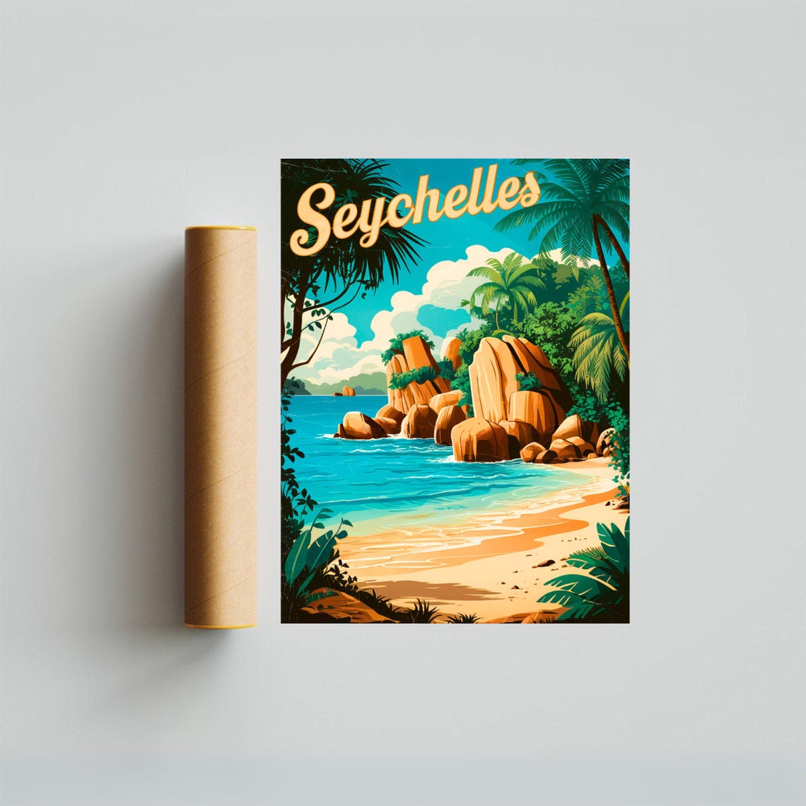 Seychelles Granite Rocks Palm Beach Scene Vintage Travel Poster - Image 4