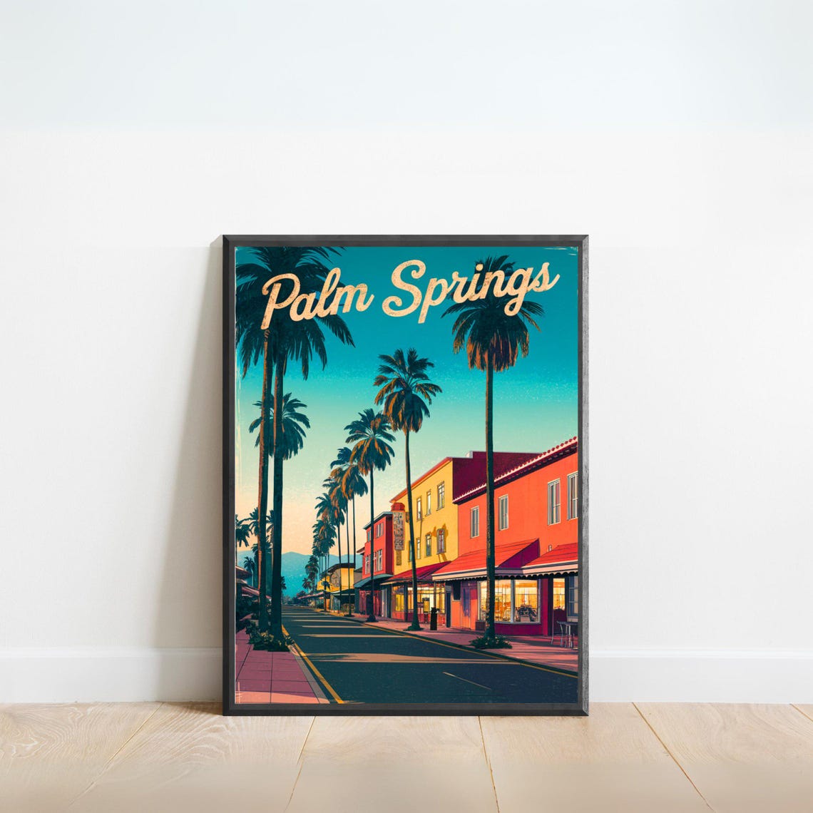 Palm Springs California Vintage Street Poster Tall Palms Sunset Scene