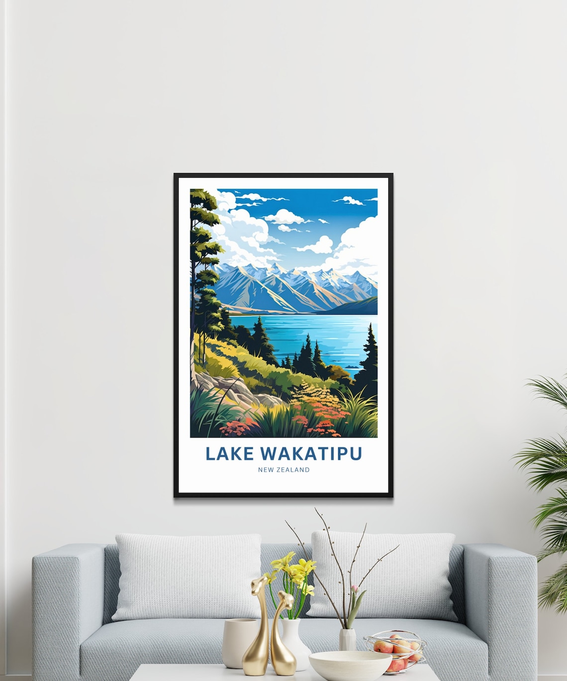 Lake Wakatipu New Zealand Rocky Shore Wildflowers Scene Poster - Image 2