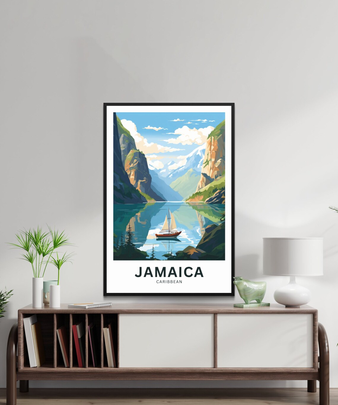 Jamaica Caribbean Sailboat on Glassy Mountain Lake Retro Travel Poster - Image 2