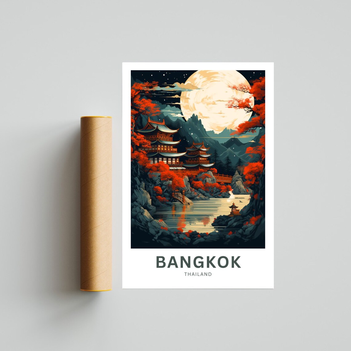 Bangkok Thailand Moonlit Pagoda Lake with Red Foliage Travel Poster - Image 4