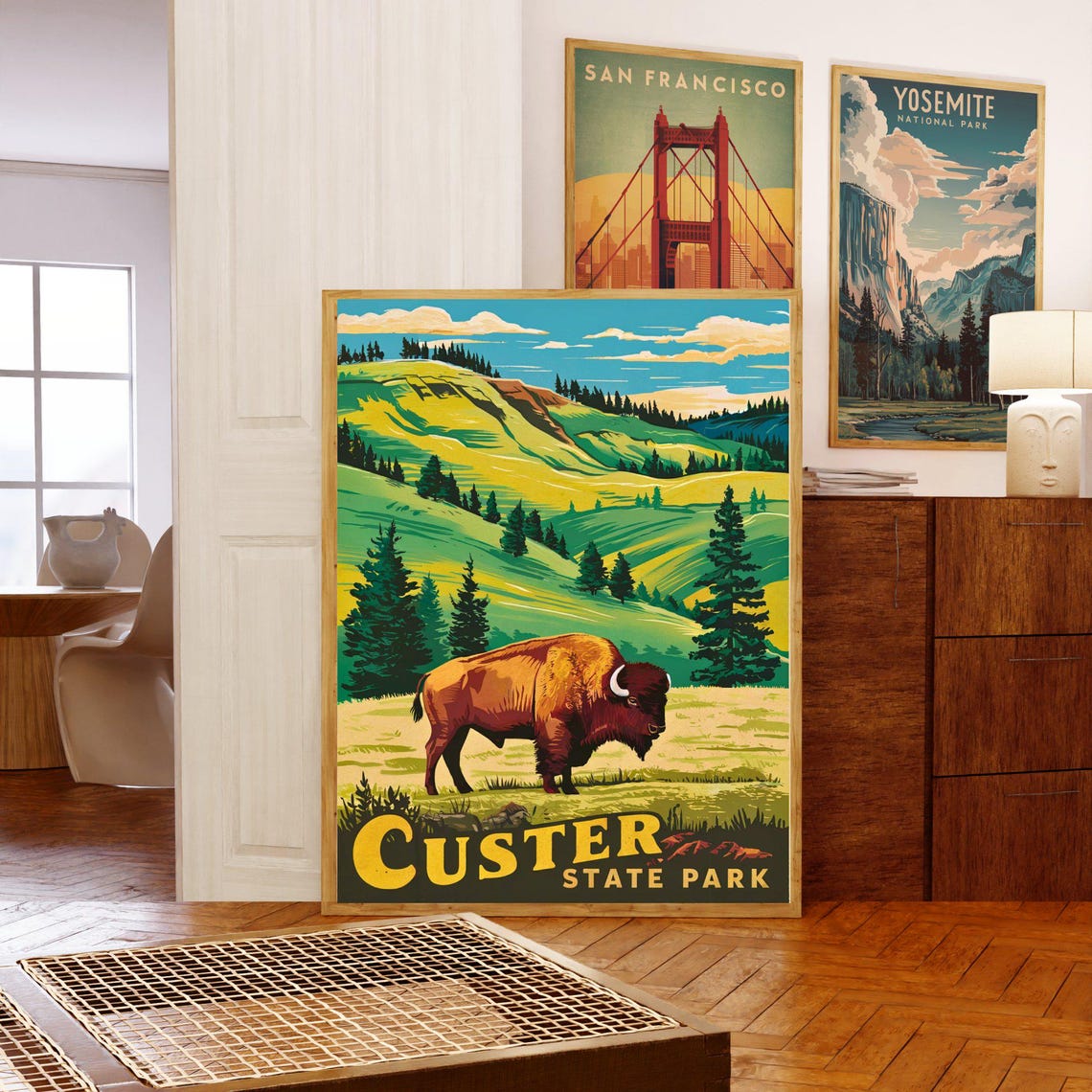 Custer State Park Vintage Wildlife Poster Bison Rolling Green Hills - Image 5