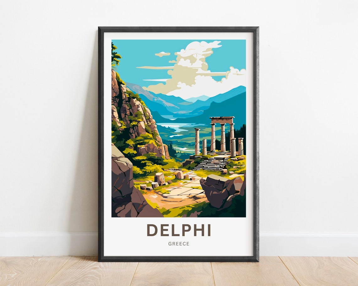 Delphi Greece Ancient Temple Hillside Ruins Vintage Travel Poster