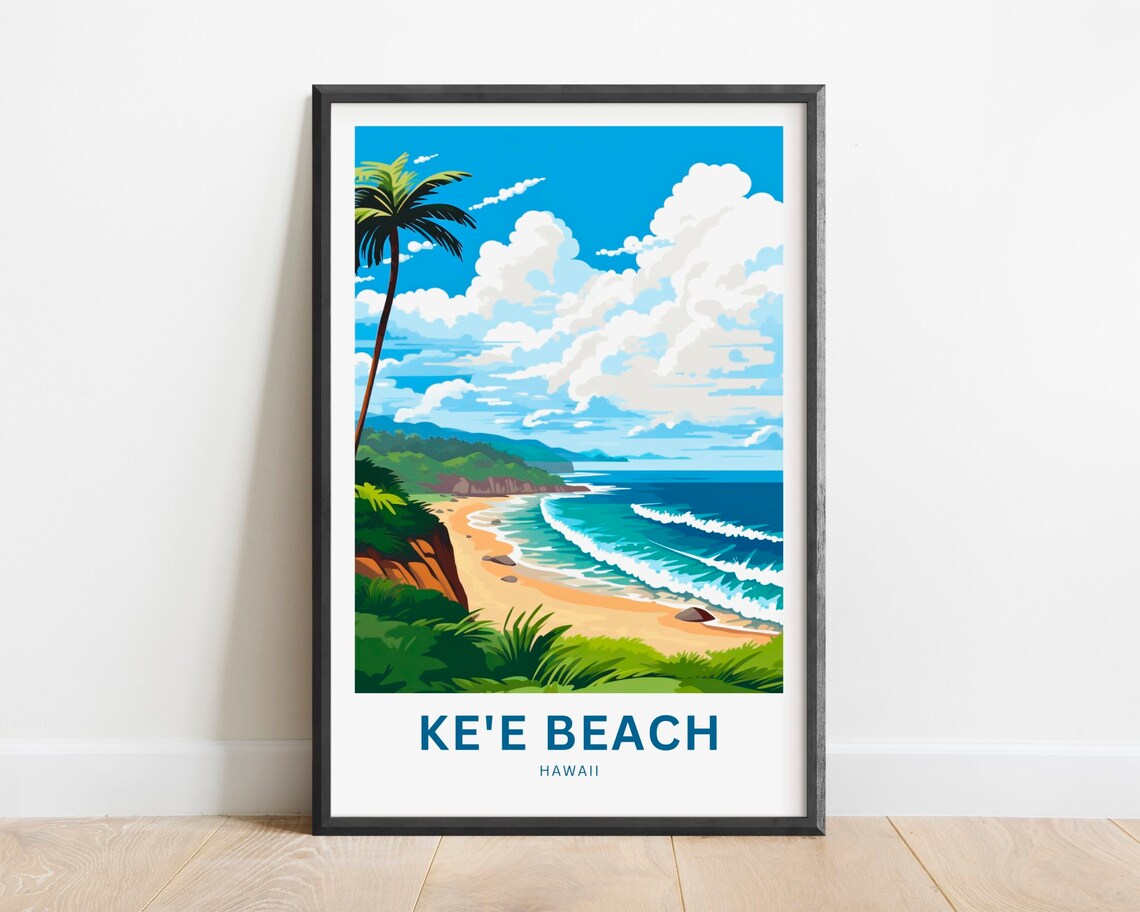 Ke'e Beach Hawaii Golden Sand Surf Palm Tree Tropical Travel Poster