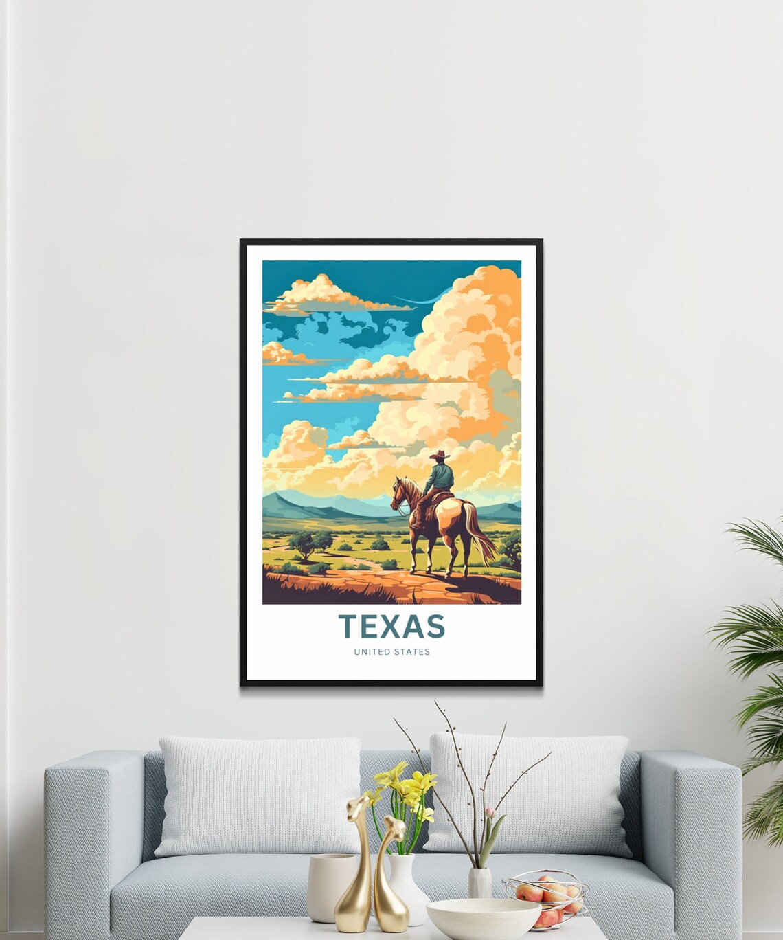 Texas Cowboy On White Horse Prairie Under Cloud Filled Sky Poster - Image 3