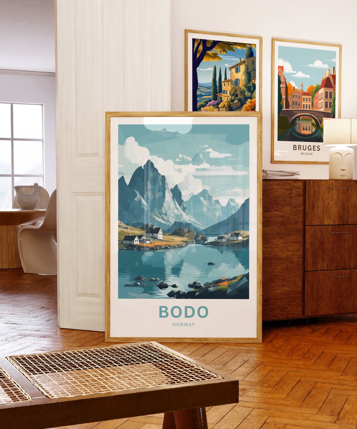 Bodo Norway Arctic Lakeside Cabins Rugged Mountain Travel Poster - Image 5