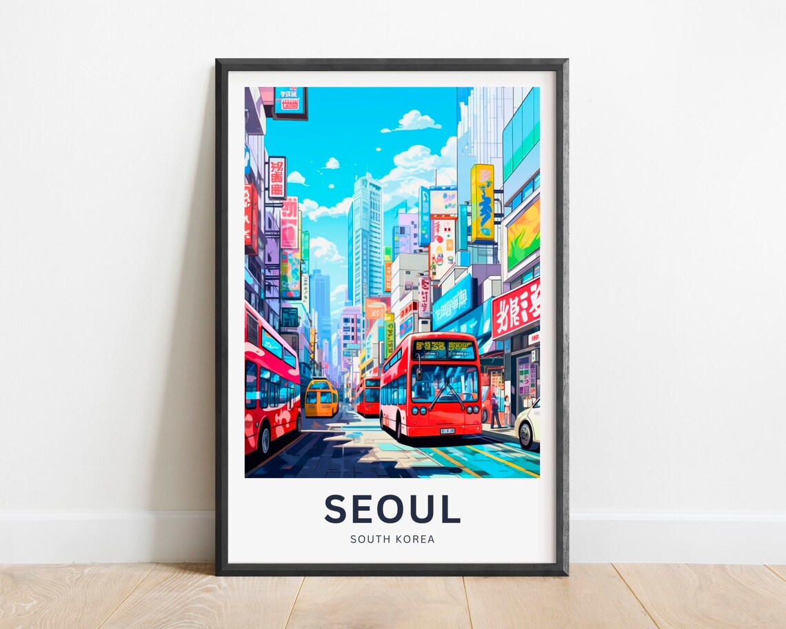 Seoul South Korea Vibrant City Street Double Decker Bus Travel Poster