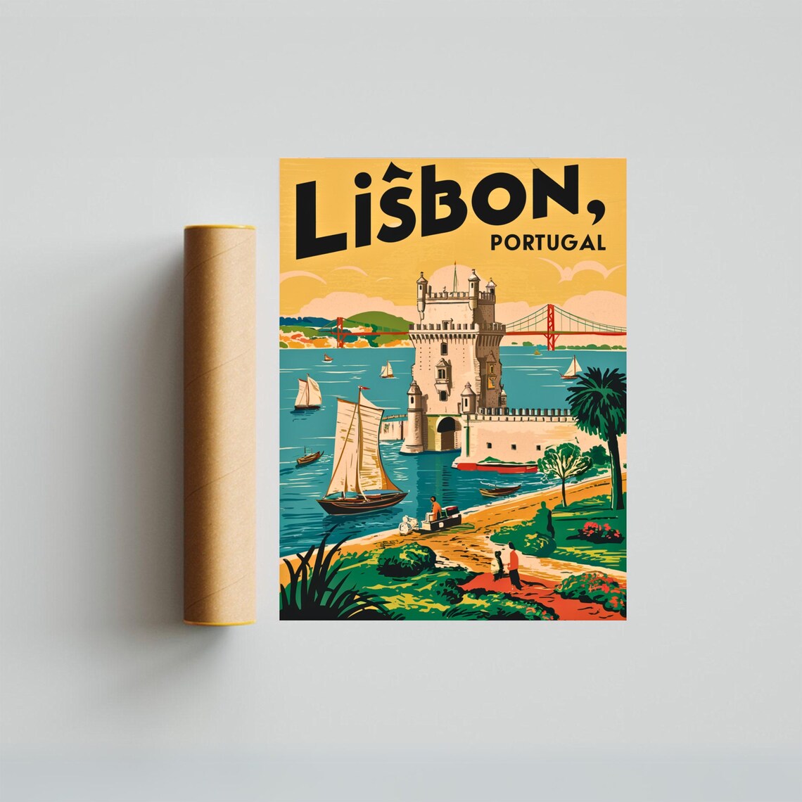 Lisbon Portugal Vintage Belem Tower Sailing Retro Travel Poster - Image 3