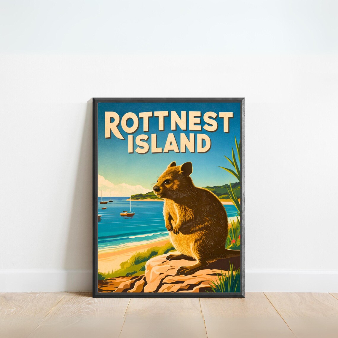 Rottnest Island Quokka on Rock Beach Sailboats Vintage Travel Poster