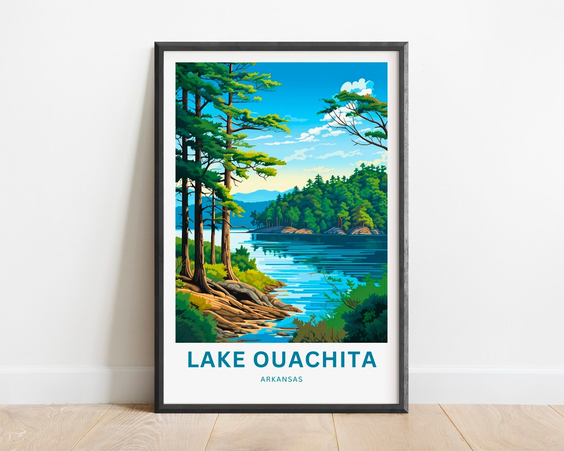 Lake Ouachita Arkansas Pine Shoreline Blue Lake Scenic Travel Poster