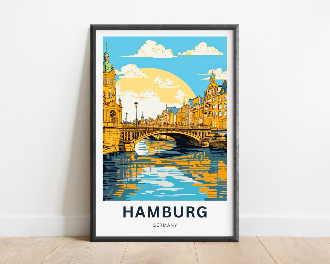 Hamburg Germany Golden Bridge Sunset River Travel Art Poster