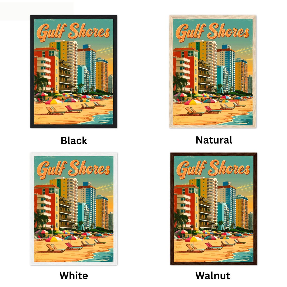 Gulf Shores Alabama Vintage Beachfront Skyline and Umbrellas Poster - Image 3