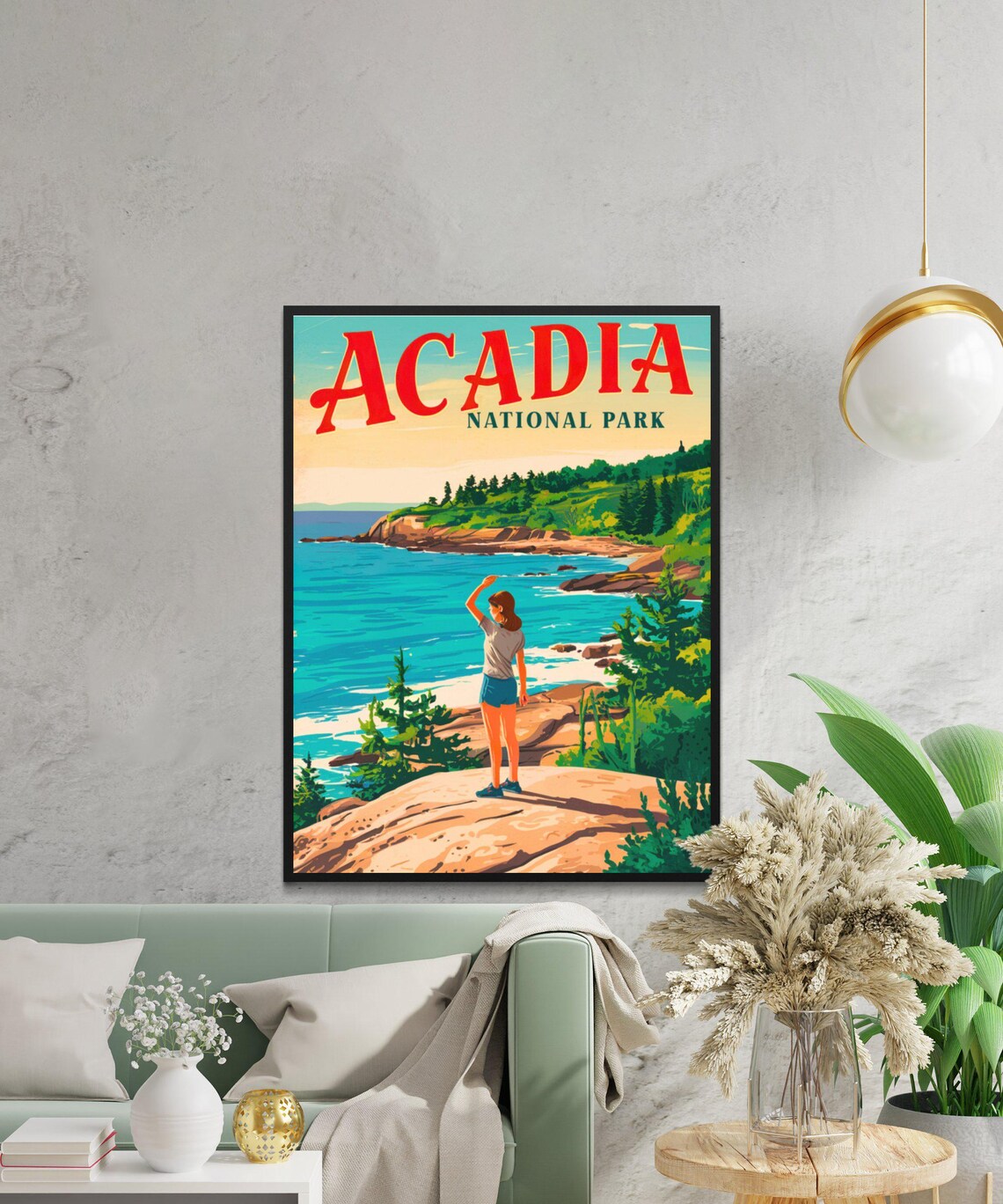 Acadia National Park Maine Rocky Coast Hiker Sunset Travel Poster - Image 2