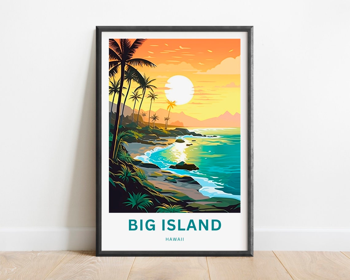 Big Island Hawaii Sunset Rocky Beach Palms Ocean Travel Poster