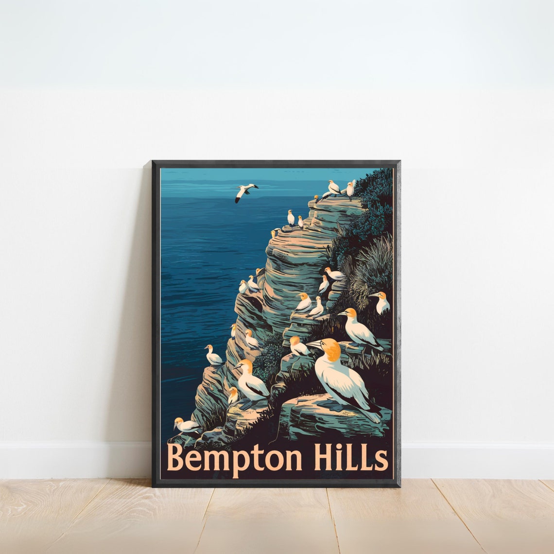 Bempton Hills England Vintage Gannet Colony on Chalk Cliffs Poster