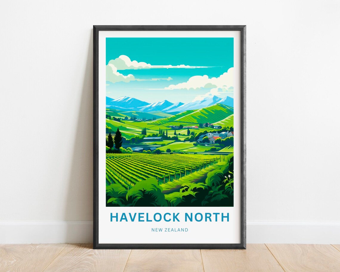 Havelock North New Zealand Vineyard Hills Vintage Travel Poster