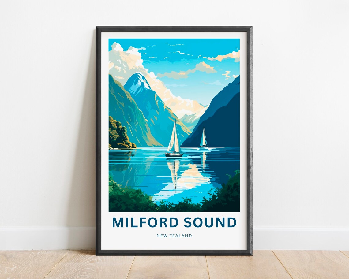 Milford Sound New Zealand Glassy Water Cliff Reflection Travel Poster
