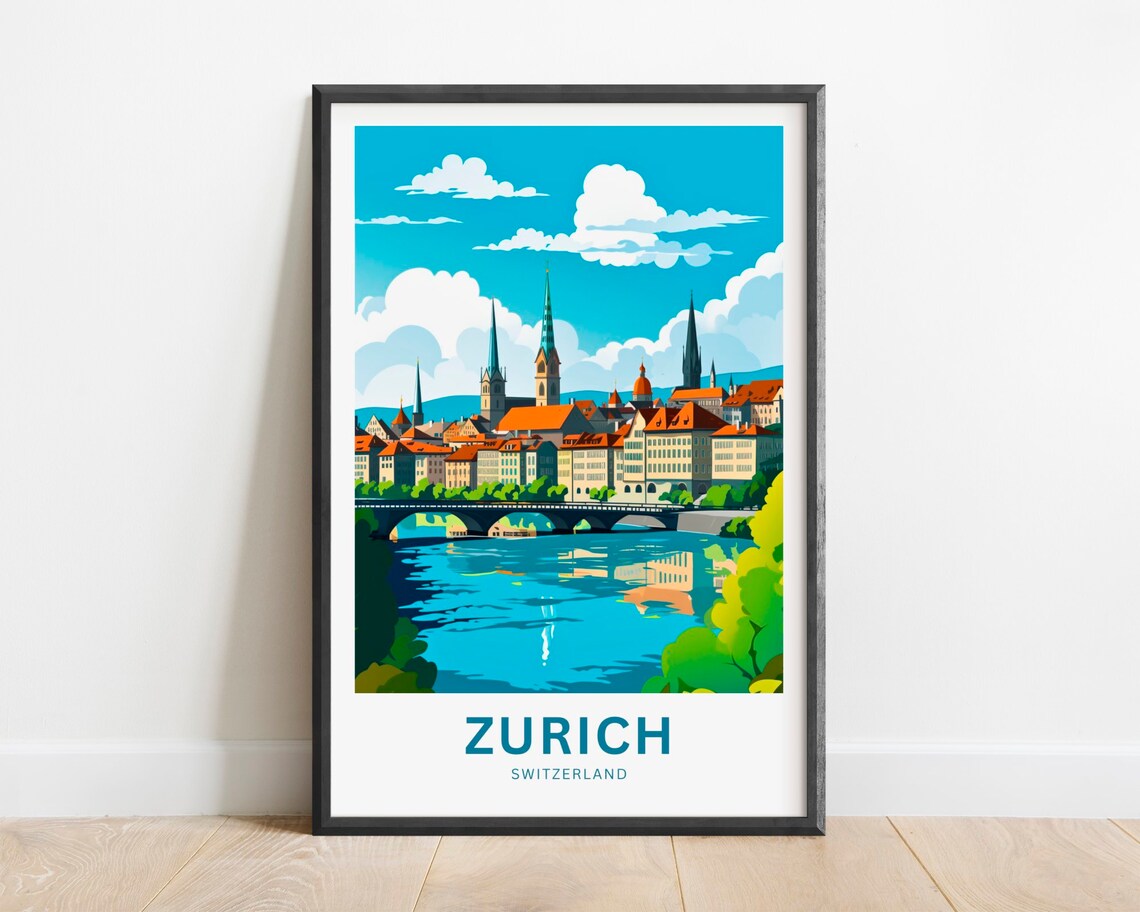 Zurich Switzerland River Old Town Spires Bridge Travel Poster