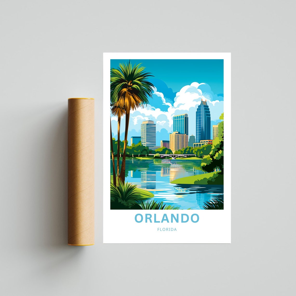 Orlando Florida Lakefront Palm Skyline Vintage Travel Poster - Image 4