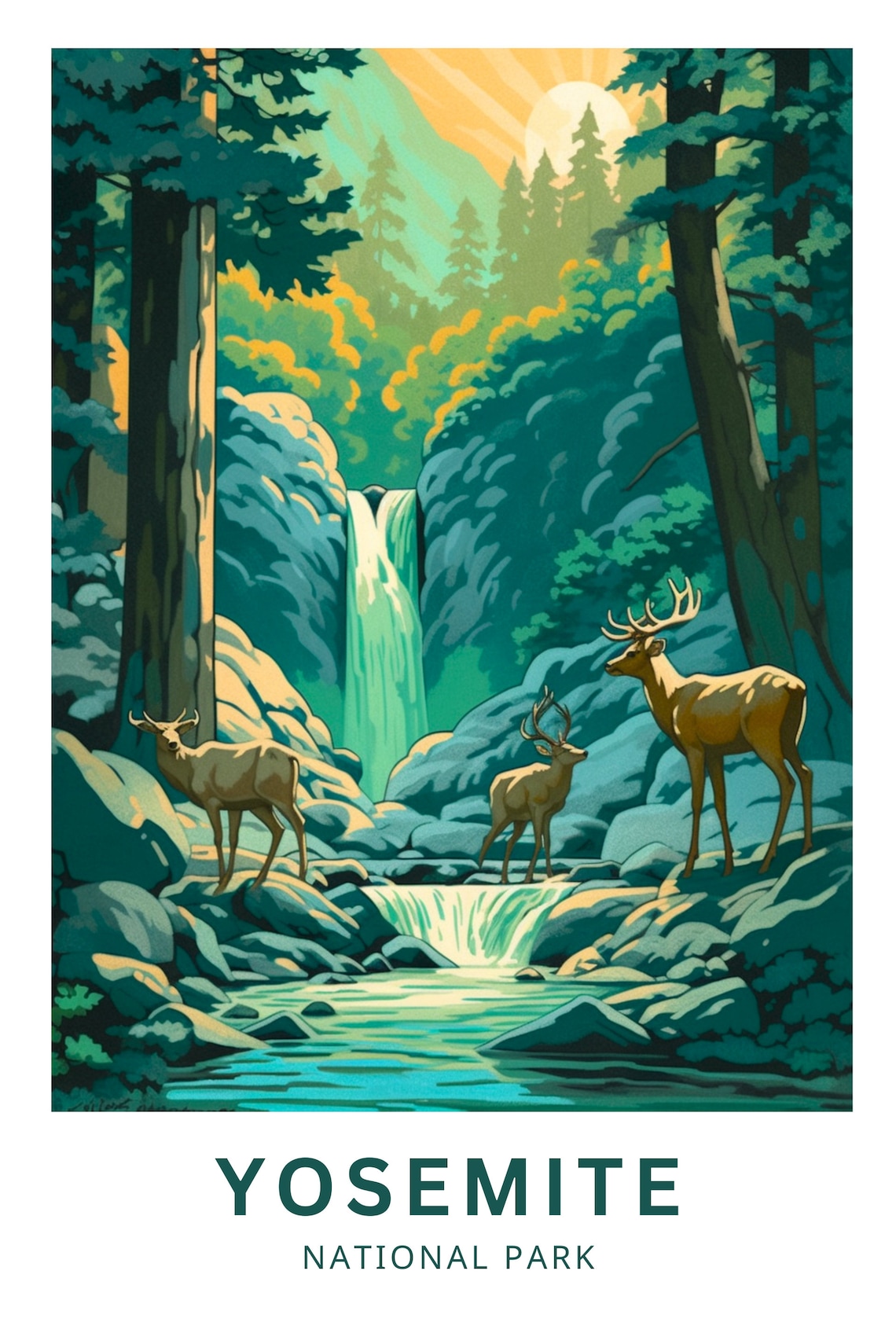 Yosemite National Park Waterfall Deer Forest Vintage Travel Poster - Image 4