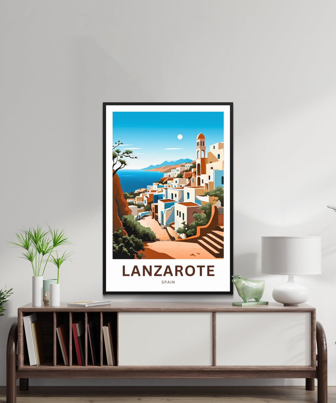 Lanzarote Spain Coastal Village Church Tower Ocean View Poster - Image 2