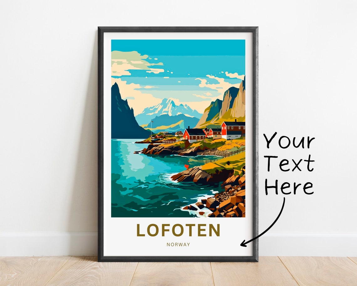 Lofoten Norway Teal Fjord Red Cabins Snow Peaks Personalized Poster