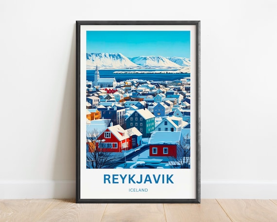 Reykjavik Iceland Travel Poster Snowy City Hallgrimskirkja Winter