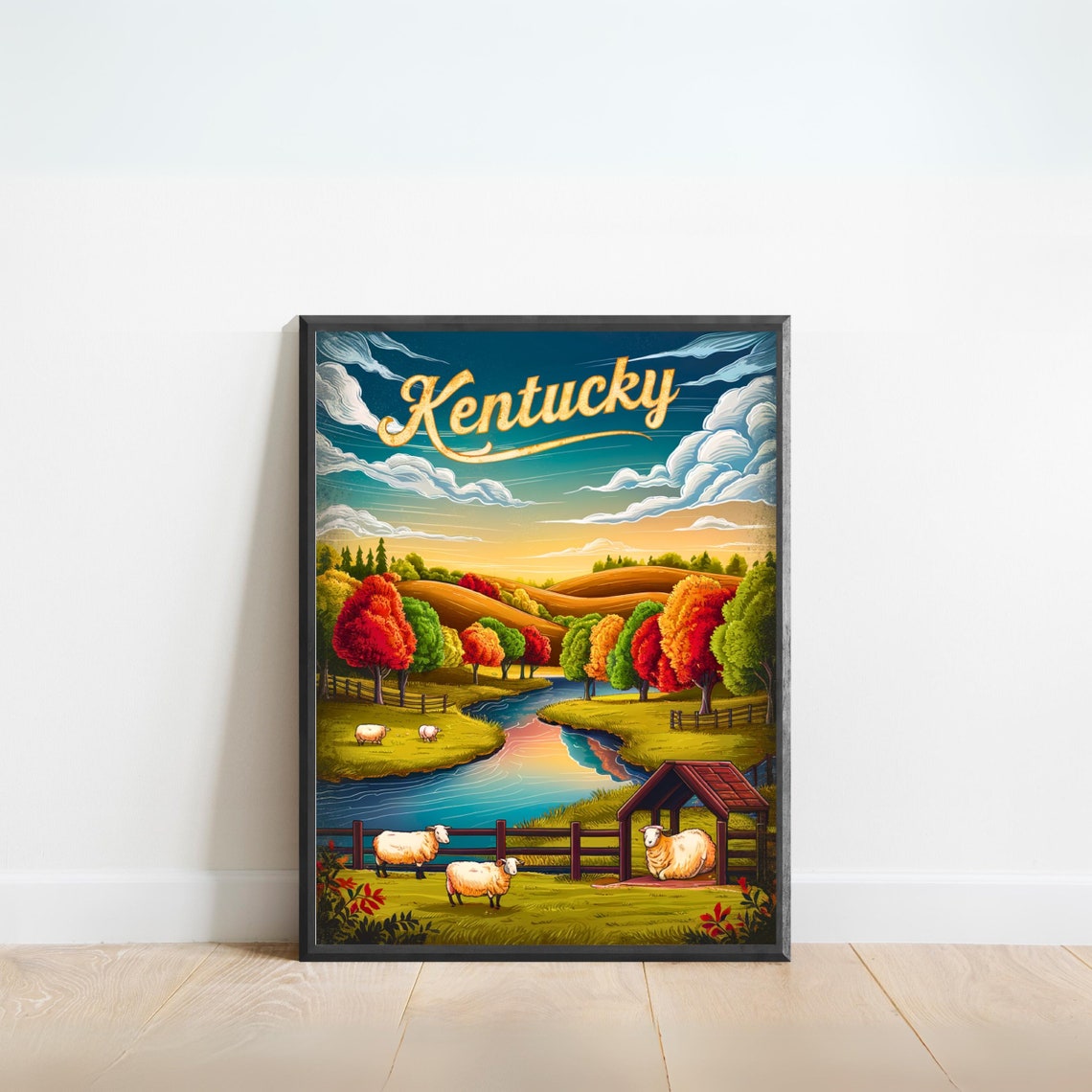 Kentucky Vintage Fall River Sheep Pasture Countryside Poster