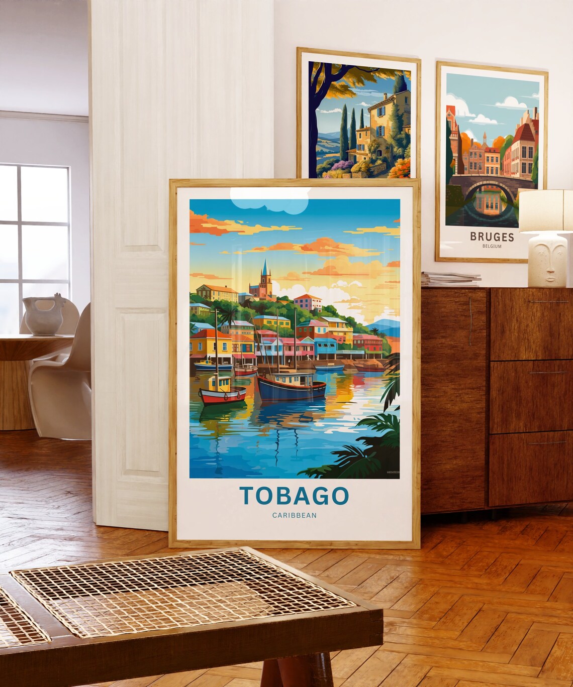 Personalized Tobago Caribbean Harbor Sunset Boats Travel Poster - Image 5