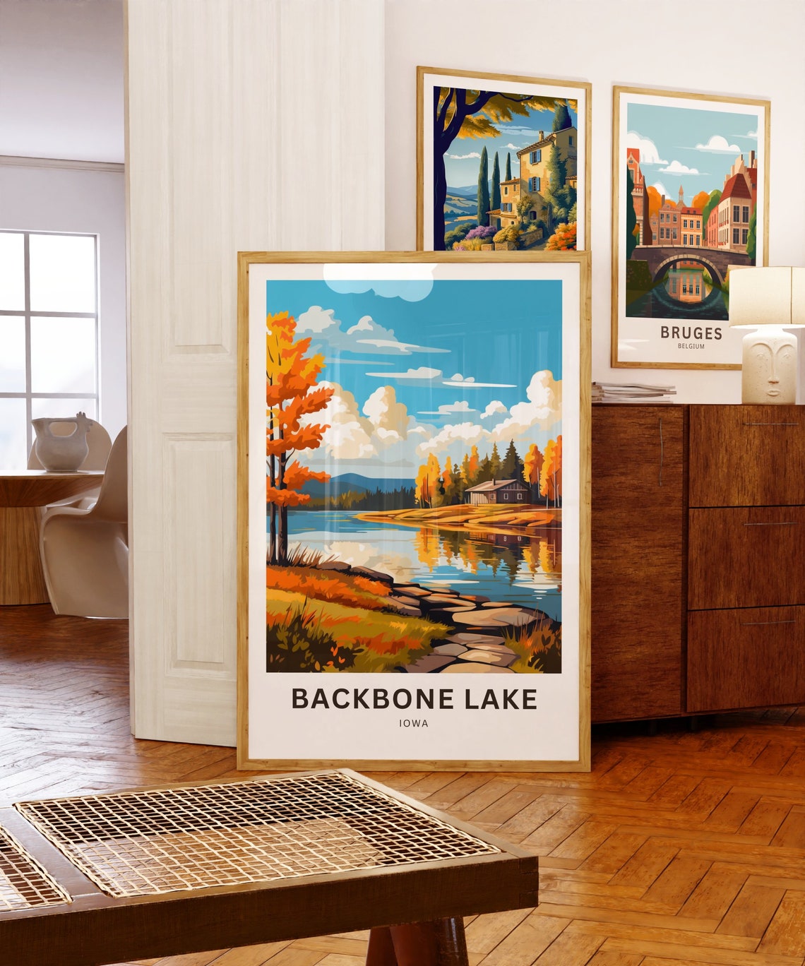 Backbone Lake Iowa Autumn Lake Cabin Reflection Landscape Poster - Image 5