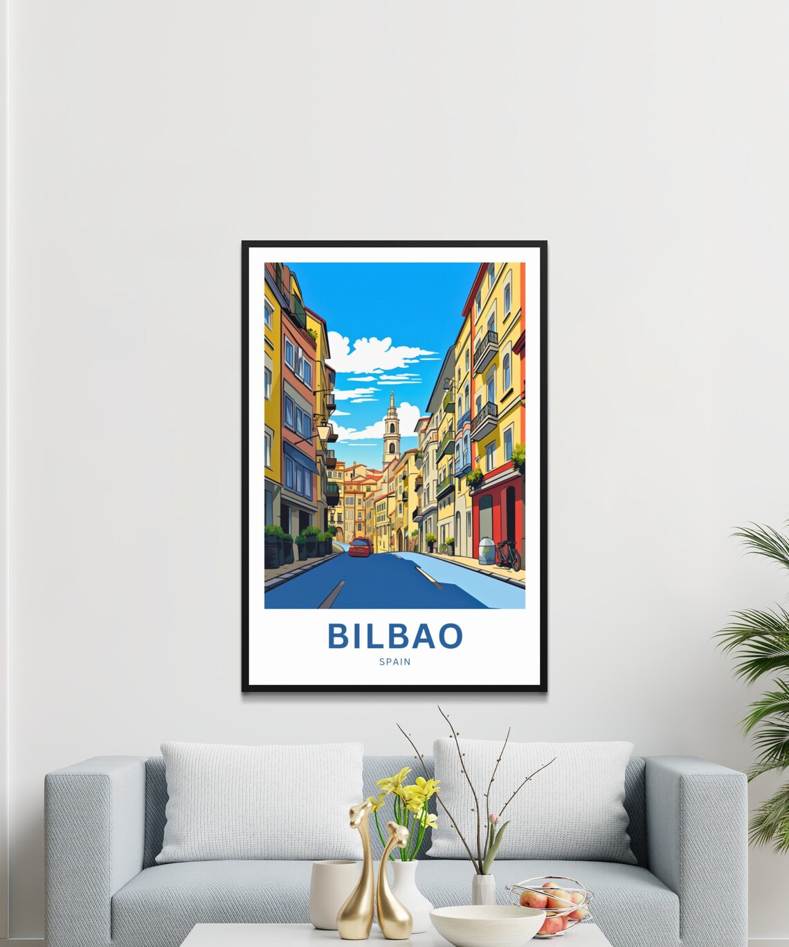 Bilbao Spain Colorful Old Town Street Church Tower Travel Poster - Image 3