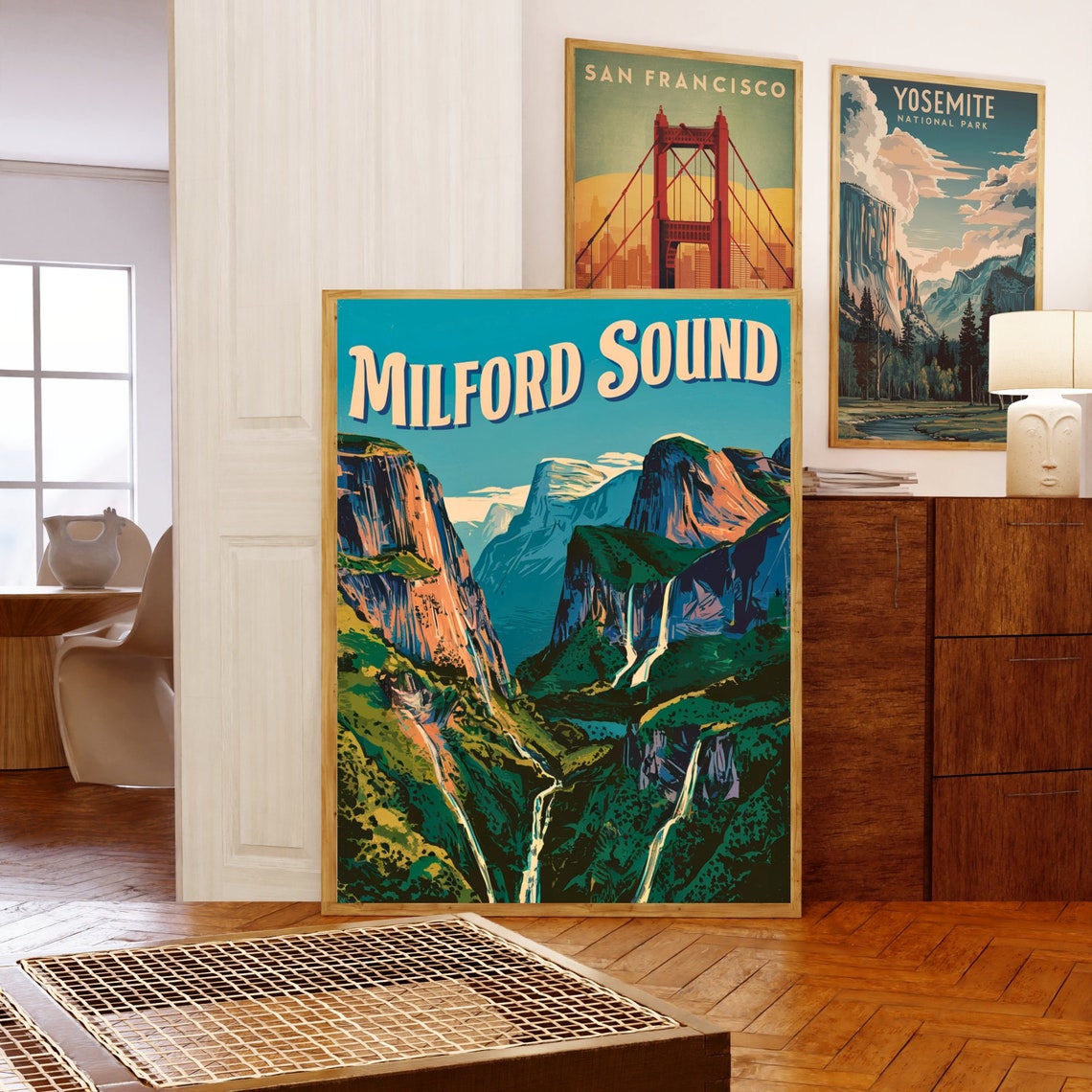 Milford Sound New Zealand Waterfall Cliffs Blue Travel Poster - Image 5