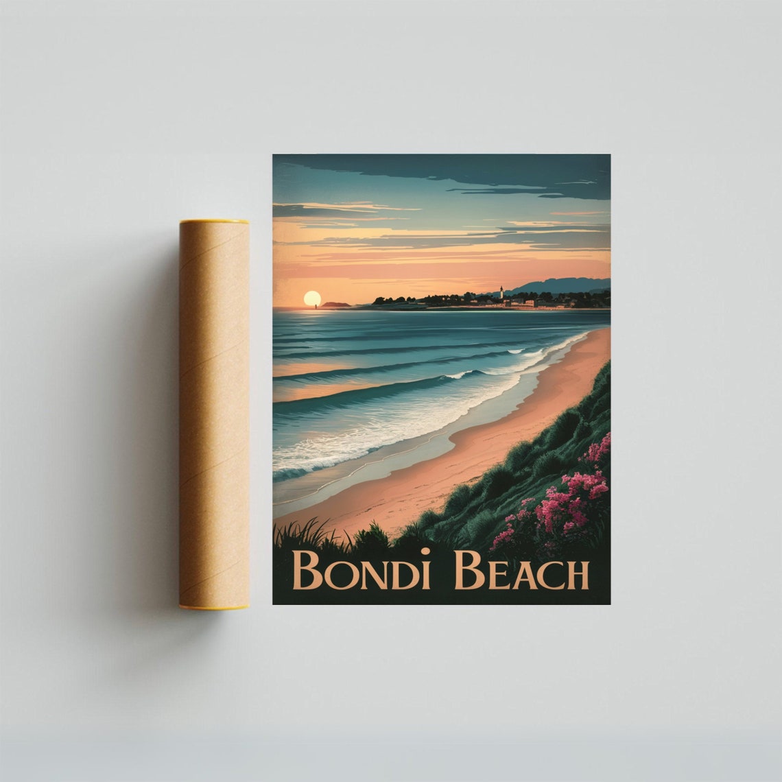 Bondi Beach Sydney Sunset Waves Curved Golden Sand Vintage Poster - Image 3