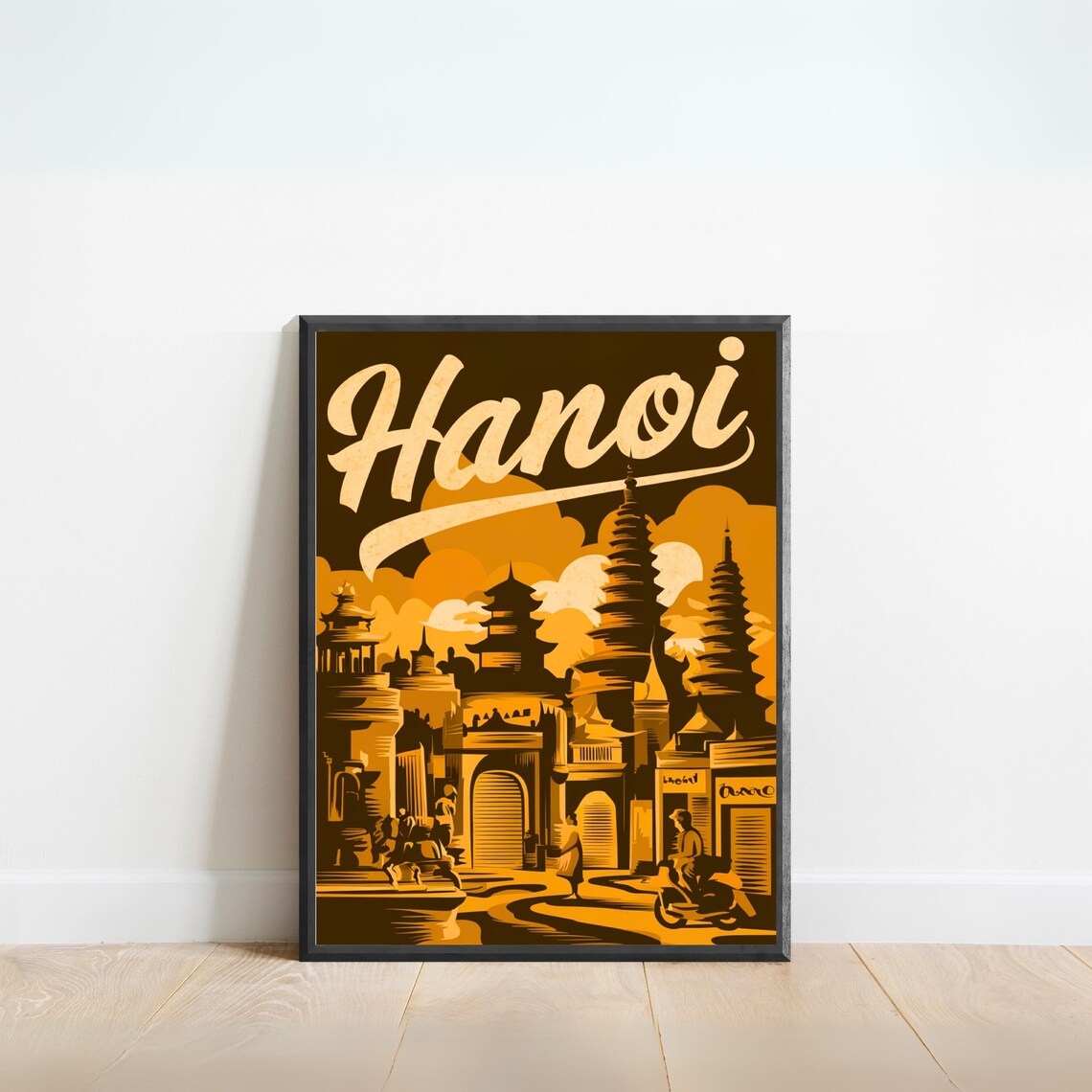 Hanoi Vietnam Vintage Old Pagoda Streets Sepia Travel Poster