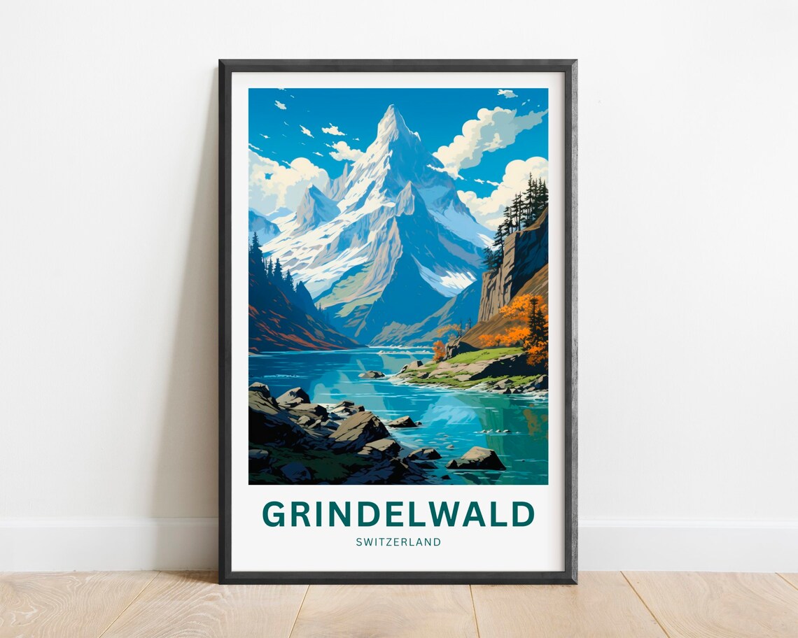 Grindelwald Switzerland Snowy Peak Above the Lake Travel Poster