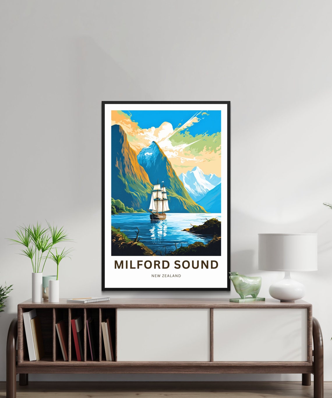 Milford Sound New Zealand Tall Ship Orange Peak Custom Travel Poster - Image 2