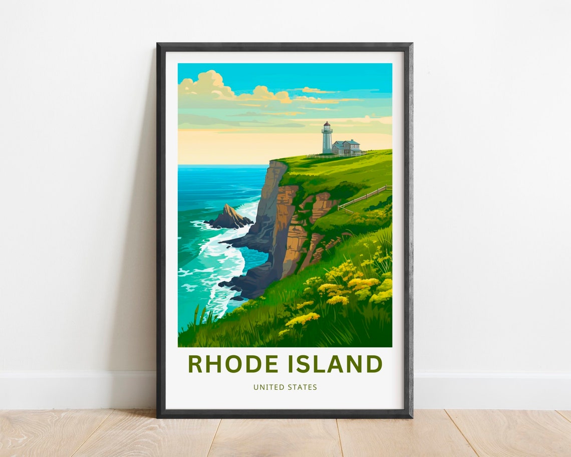 Rhode Island Lighthouse Green Ocean Cliff Vintage Travel Poster