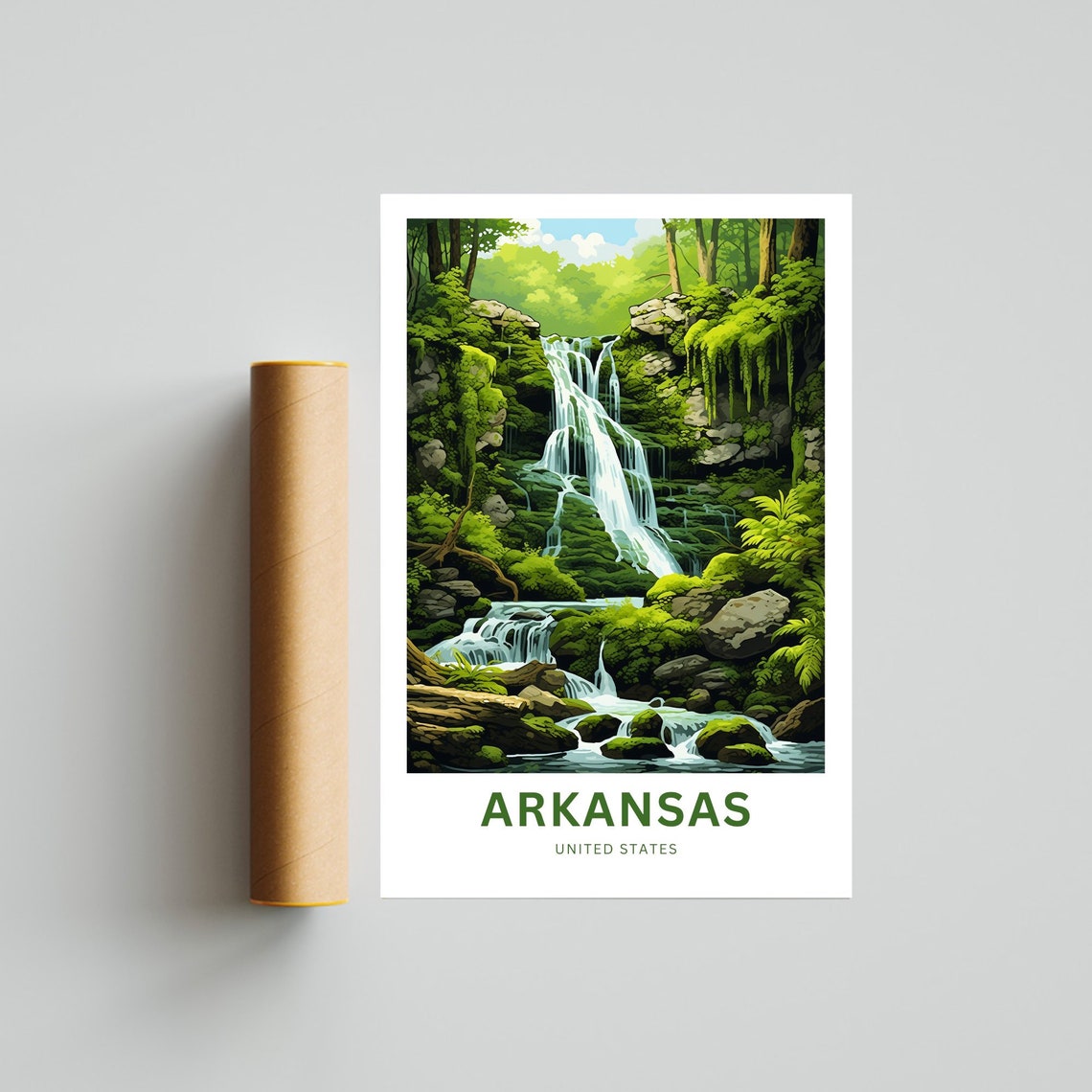 Arkansas Mossy Waterfall Grotto Fern Rocks Forest Travel Poster - Image 4