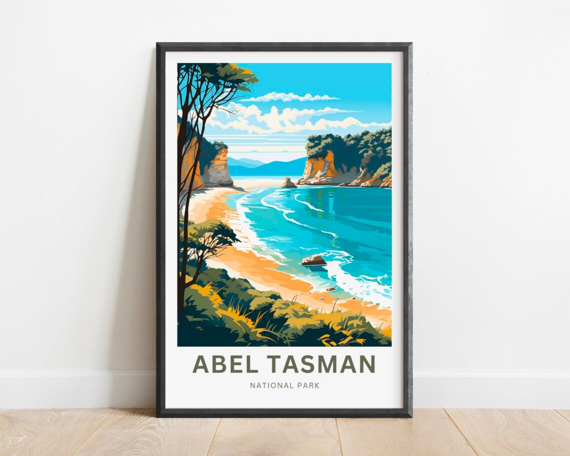 Abel Tasman National Park Golden Beach Cliffs Scenic Travel Poster