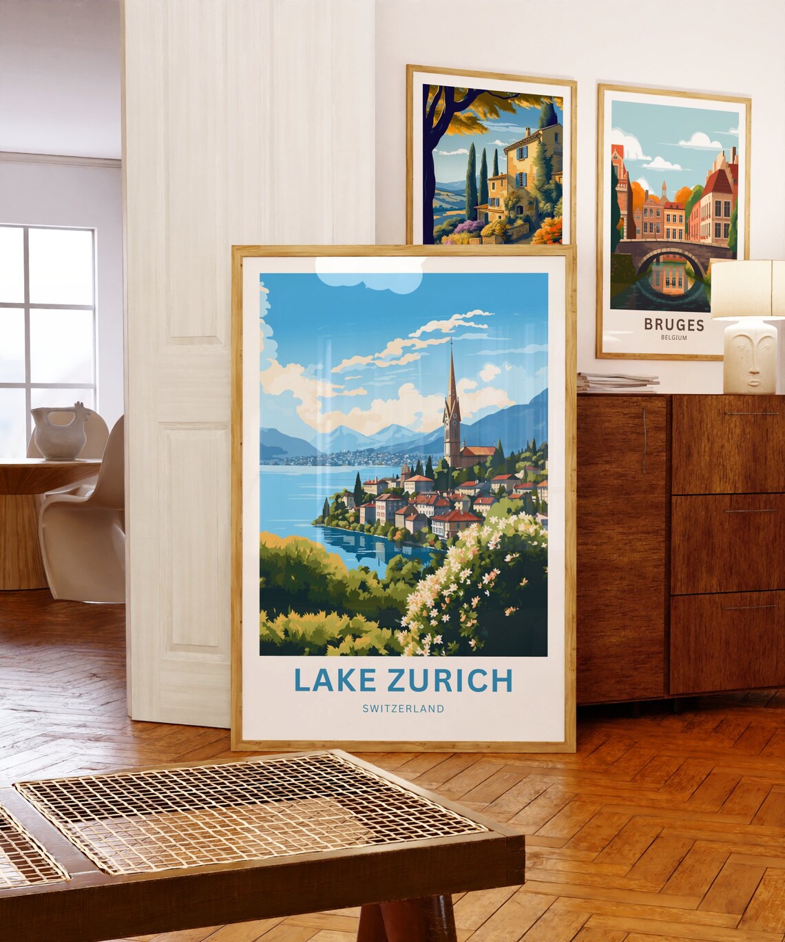 Lake Zurich Switzerland Lakeside Town Church Spire Hills Travel Poster - Image 5