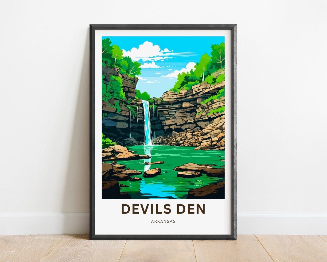 Devils Den Arkansas Emerald Falls Travel Illustration Poster